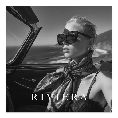 Chic woman wearing oversized sunglasses and a patterned scarf in a convertible car, black and white fashion photograph