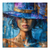 Square canvas wall art of a blue mystery portrait: modern abstract woman with wide-brim hat, blue and purple tones, and gold accents