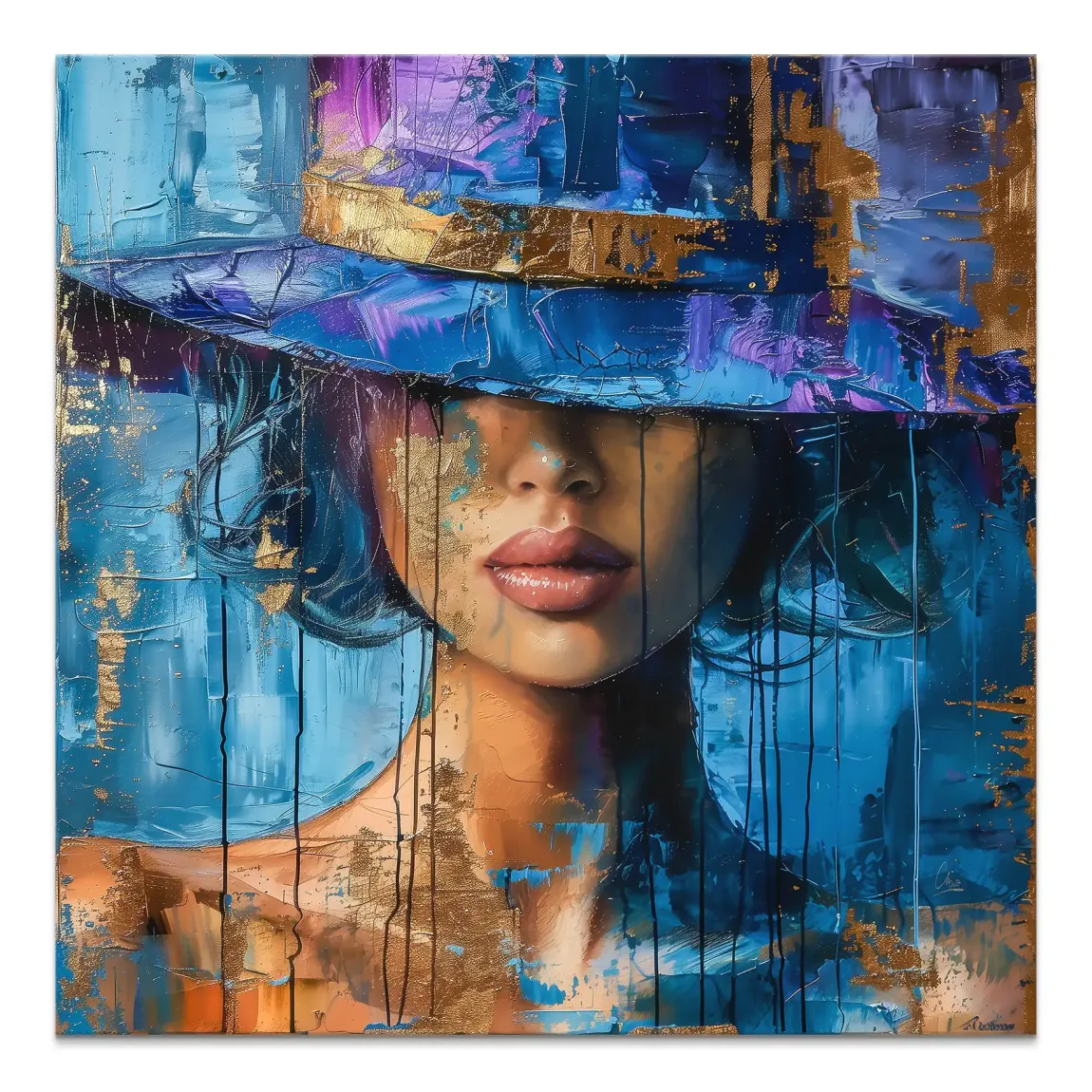 Square canvas wall art of a blue mystery portrait: modern abstract woman with wide-brim hat, blue and purple tones, and gold accents