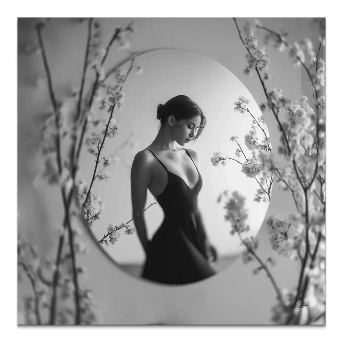 Elegant black and white canvas print showing a solitary woman in a graceful dress, framed by a soft circular void and cherry blossom accents.