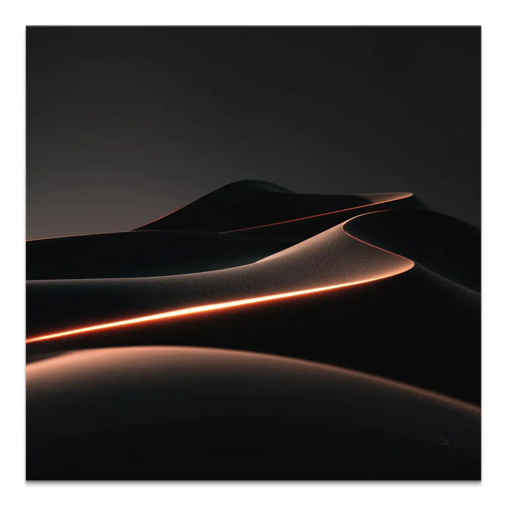 Close-up of glowing orange-amber contour lines across a minimalist abstract landscape.