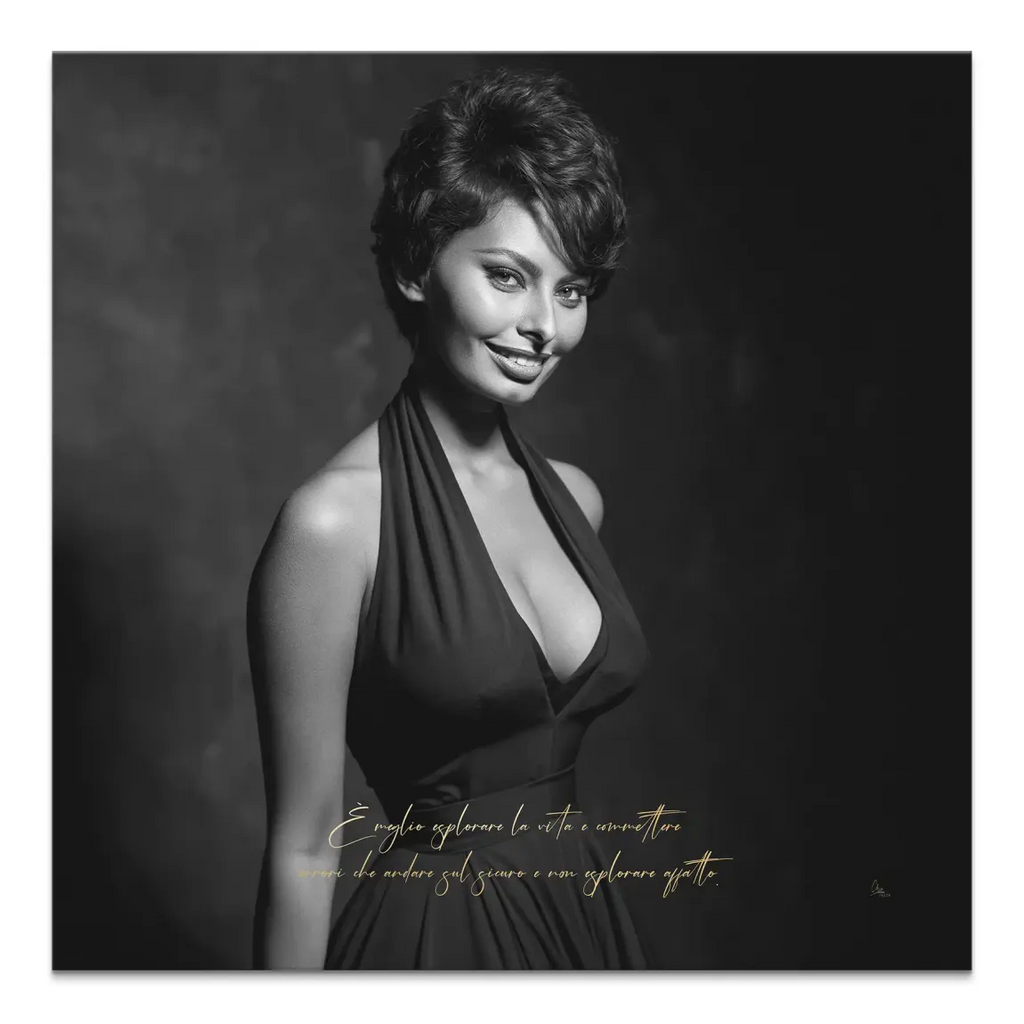 Black and white Sophia Loren portrait canvas print with gold quote