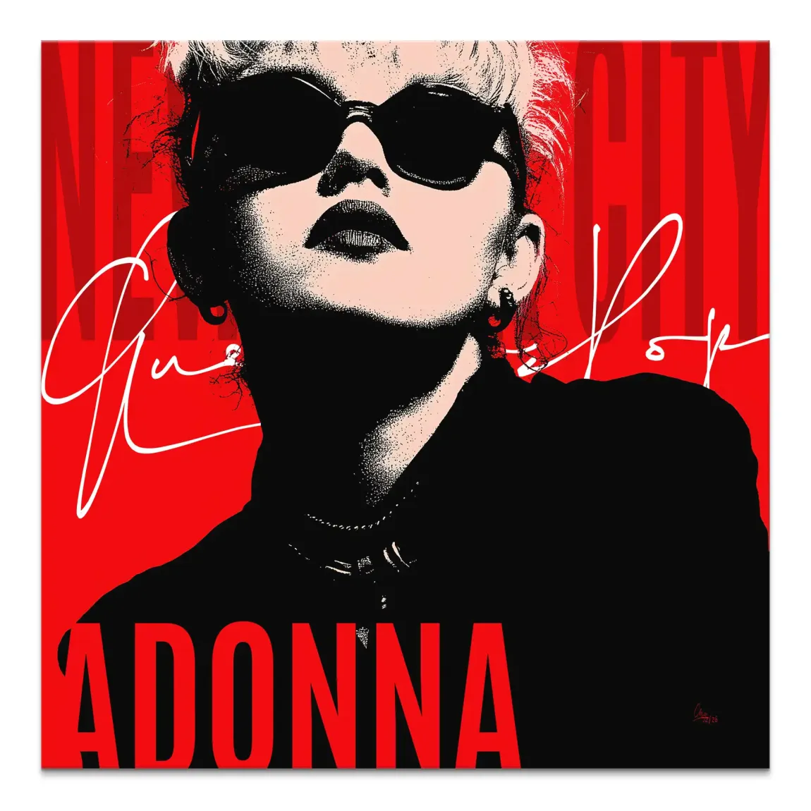 Madonna Pop Art canvas — square, high-contrast portrait with bold red and black tones and oversized MADONNA typography at the bottom.