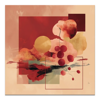 Scarlet Bloom abstract canvas wall art featuring scarlet berries on vines with a gold sphere in a square format