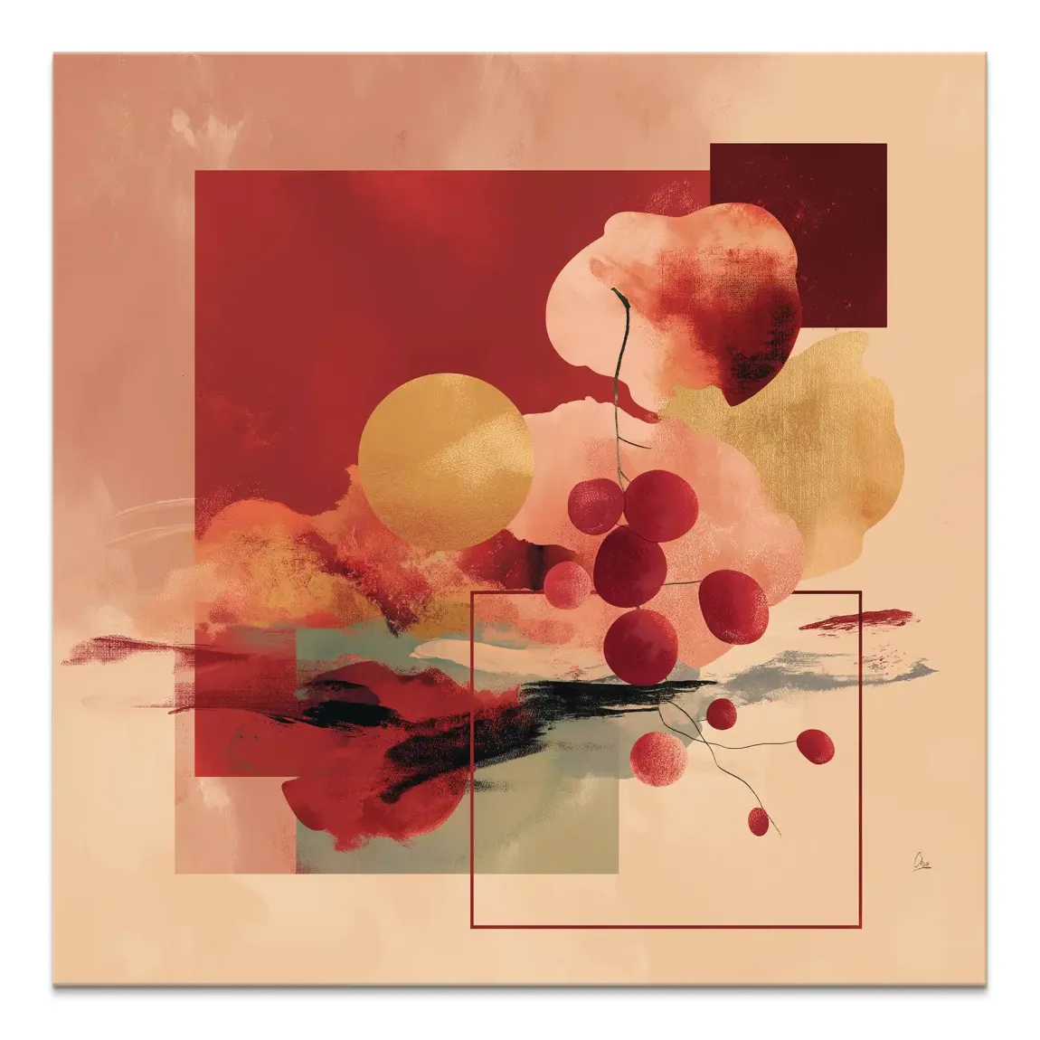 Scarlet Bloom abstract canvas wall art featuring scarlet berries on vines with a gold sphere in a square format