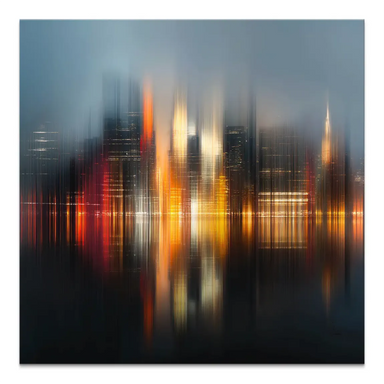 New York abstract lights canvas painting with blurred city skyline and red to gold light streaks over dark water