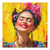 Frida Kahlo-inspired Pop Art portrait with a floral headpiece on a bright yellow background