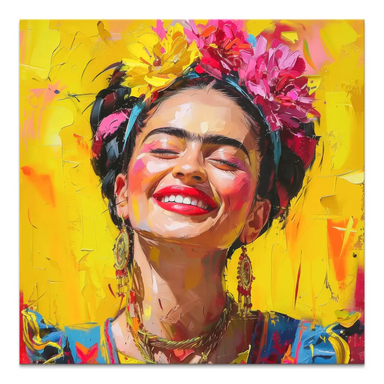 Frida Kahlo-inspired Pop Art portrait with a floral headpiece on a bright yellow background