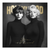 Monochrome dual portrait of Audrey Hepburn and Marilyn Monroe in black turtlenecks with Hollywood gold background.