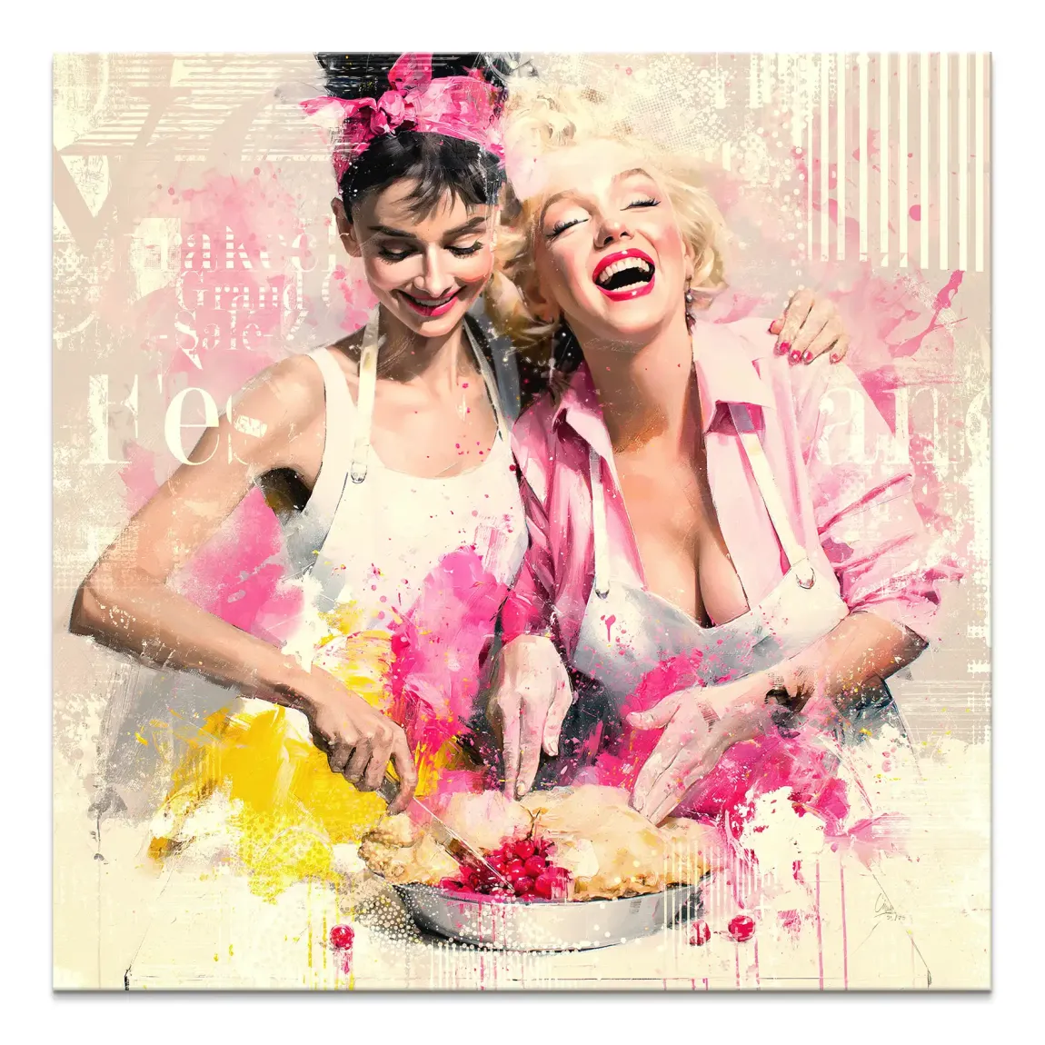 Audrey Hepburn and Marilyn Monroe in a Pop Art canvas wall art sharing a pie