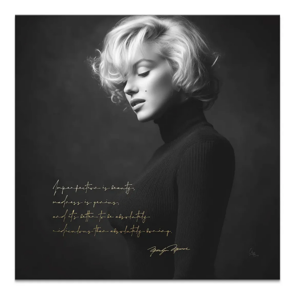 Square black-and-white Marilyn Monroe canvas portrait with a gold script quote in the lower left, wearing a turtleneck in a sophisticated wall art piece.