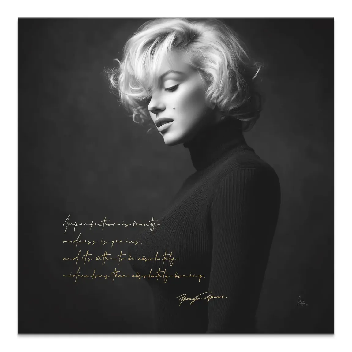 Square black-and-white Marilyn Monroe canvas portrait with a gold script quote in the lower left, wearing a turtleneck in a sophisticated wall art piece.