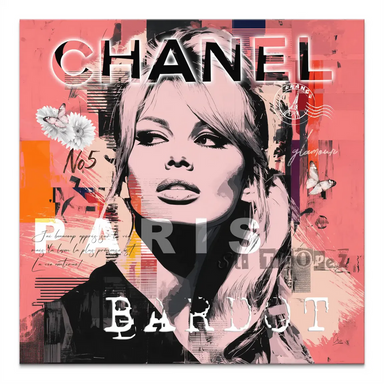 Portrait of Brigitte Bardot with Chanel and Paris text in pink and black Pop Art on canvas