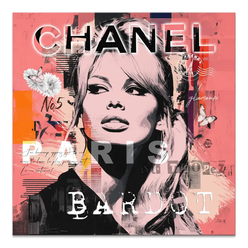 Portrait of Brigitte Bardot with Chanel and Paris text in pink and black Pop Art on canvas