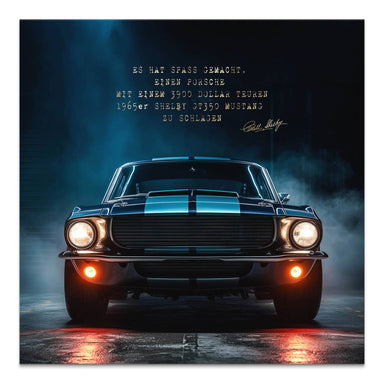 Square canvas wall art: front-on view of a 1965 Shelby GT350 Mustang in dark blue with light blue racing stripes, glowing headlights, and a moody reflective floor.