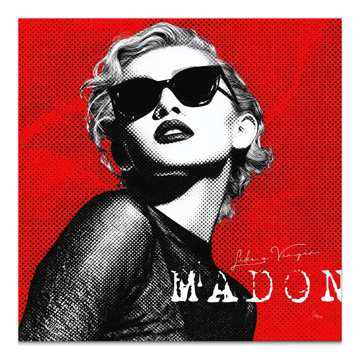 Bold black-and-white halftone Madonna portrait on red square canvas wall art