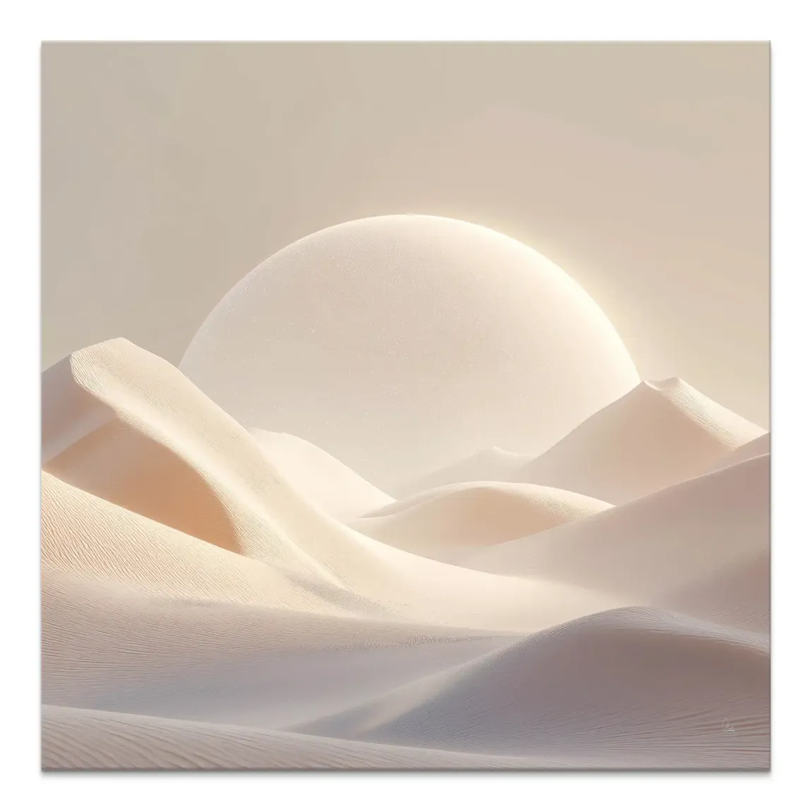Desert Light canvas print showing soft sand dunes with a glowing central orb on a minimalist landscape.