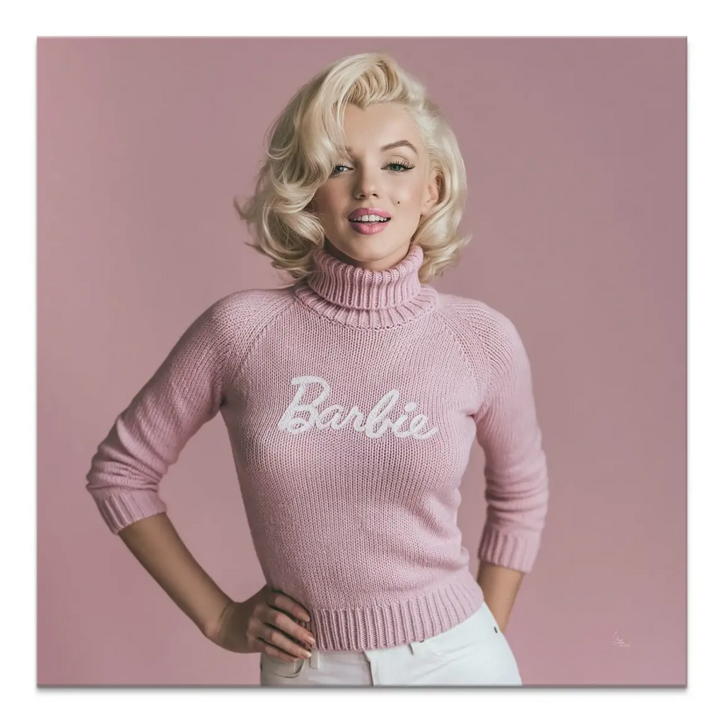 Pop art canvas featuring Marilyn Monroe reimagined as Barbie with a pink background.