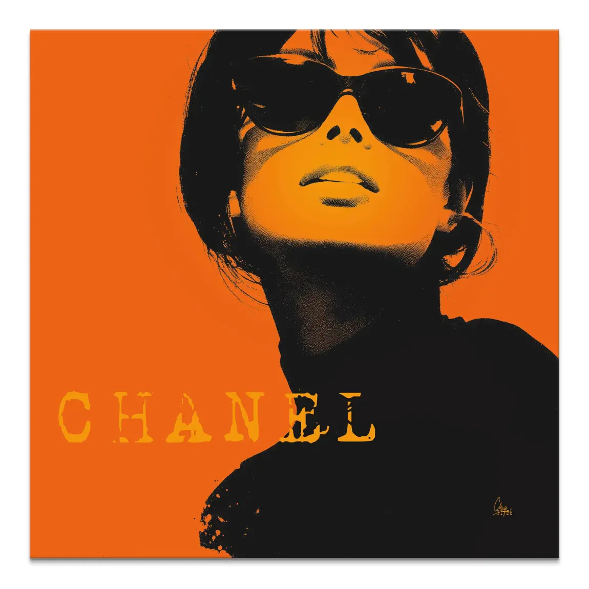 Chanel Glam canvas wall art featuring a stylish woman wearing sunglasses against an orange background with a Chanel logo