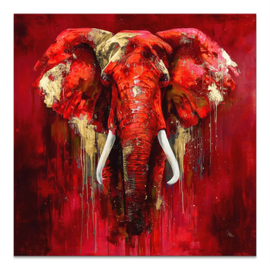 Red elephant canvas art with bold crimson tones and metallic gold splatters