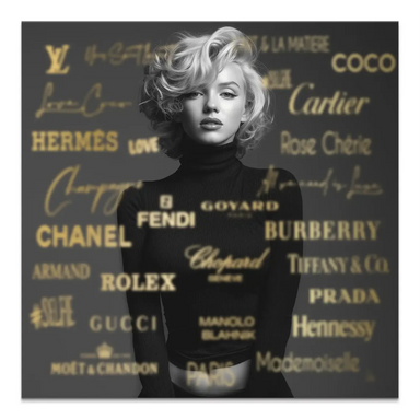 Square-format canvas featuring a sharp black-and-white Marilyn Monroe portrait with a textured dark gray background and gold luxury branding text.