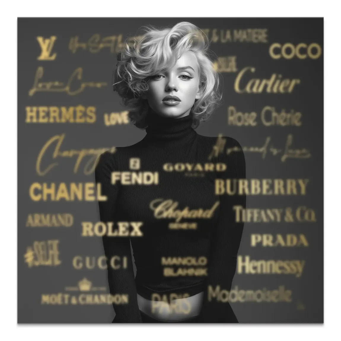 Square-format canvas featuring a sharp black-and-white Marilyn Monroe portrait with a textured dark gray background and gold luxury branding text.