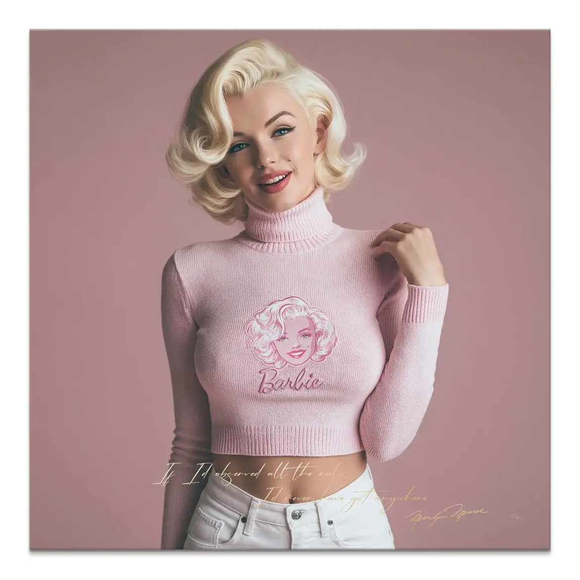 Glamorous Marilyn Monroe-inspired pop art portrait on a blush pink canvas