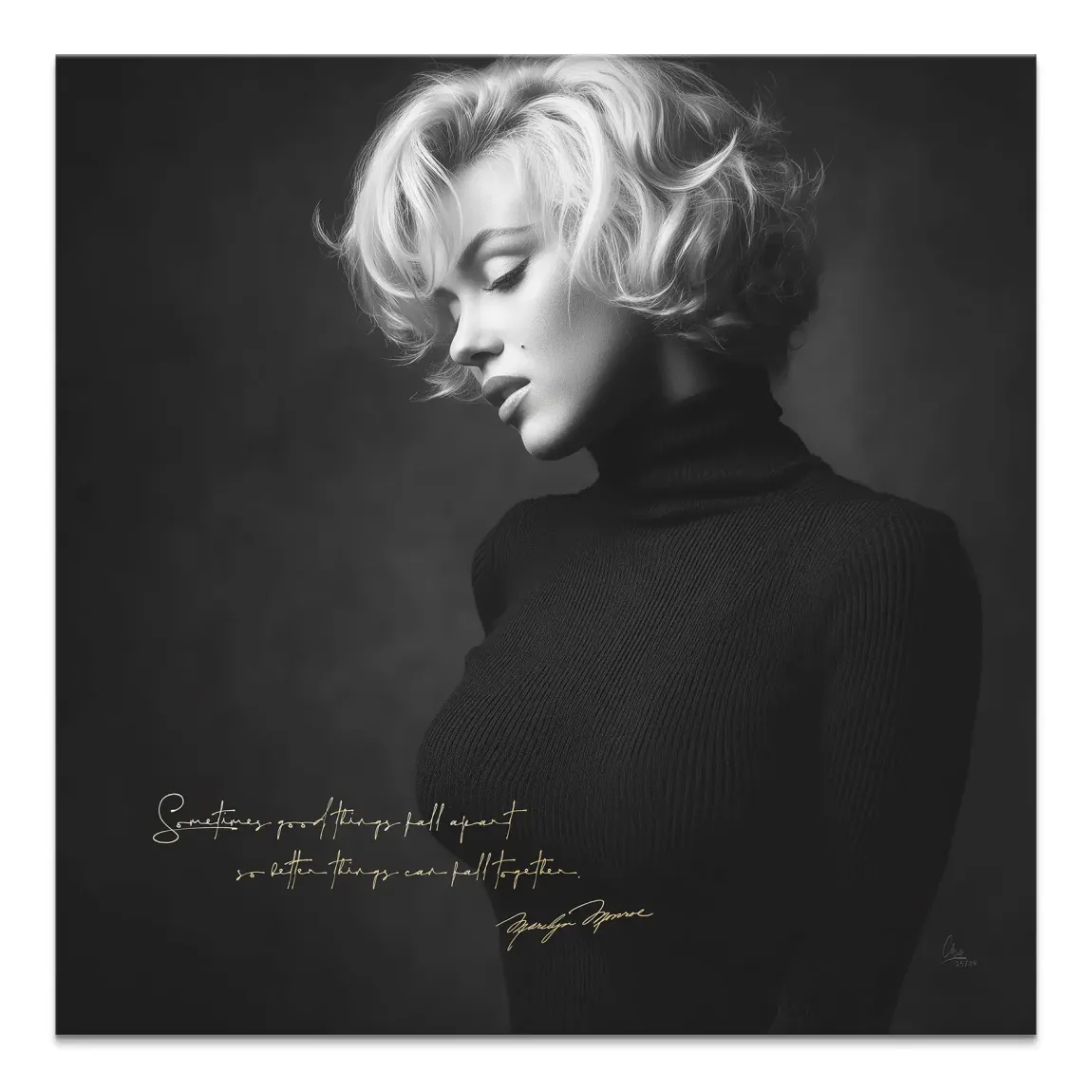 Monochrome Marilyn Monroe portrait with a gold quote on a turtleneck canvas wall art
