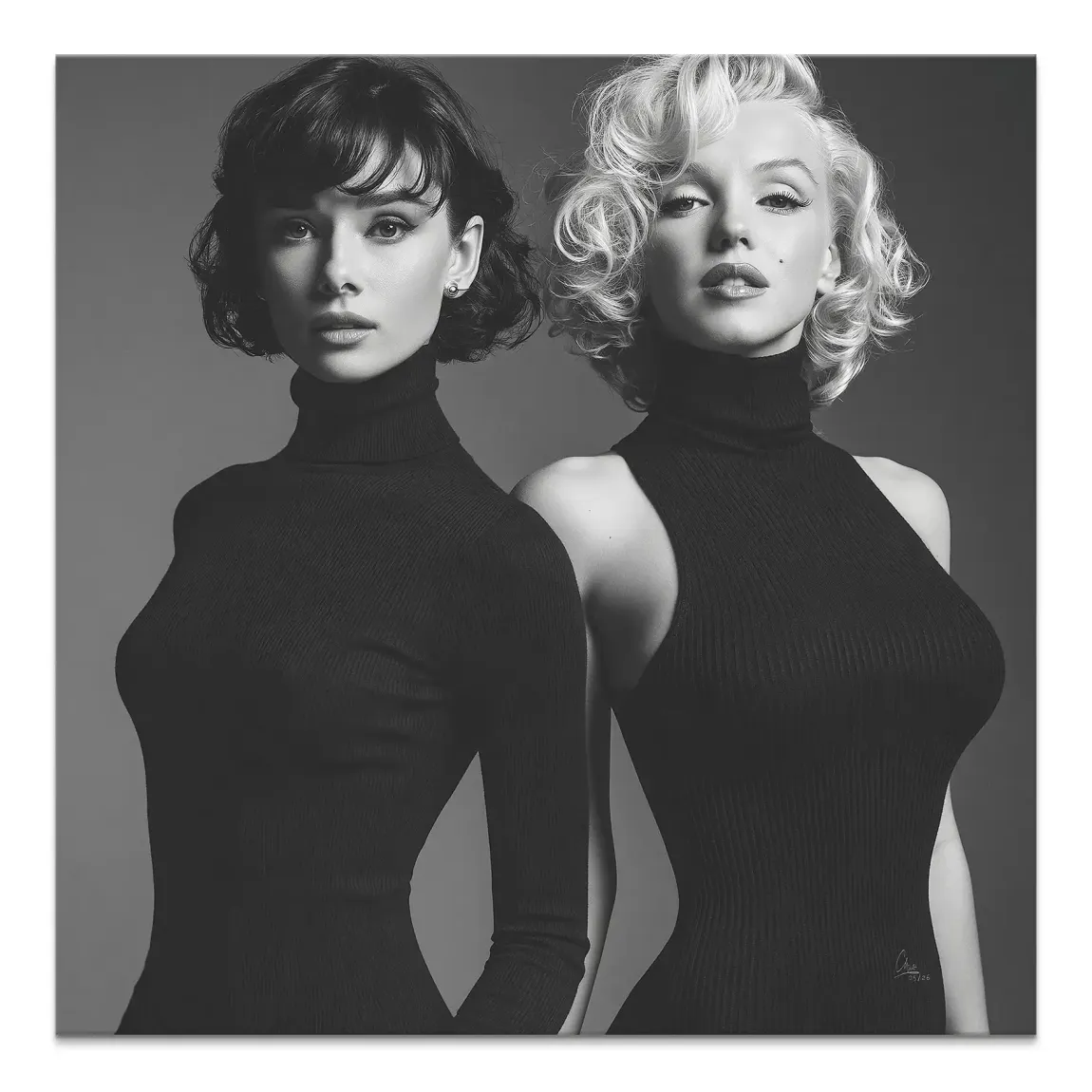 Black-and-white dual portrait wall art featuring Audrey Hepburn and Marilyn Monroe in a modern art style for square canvas.