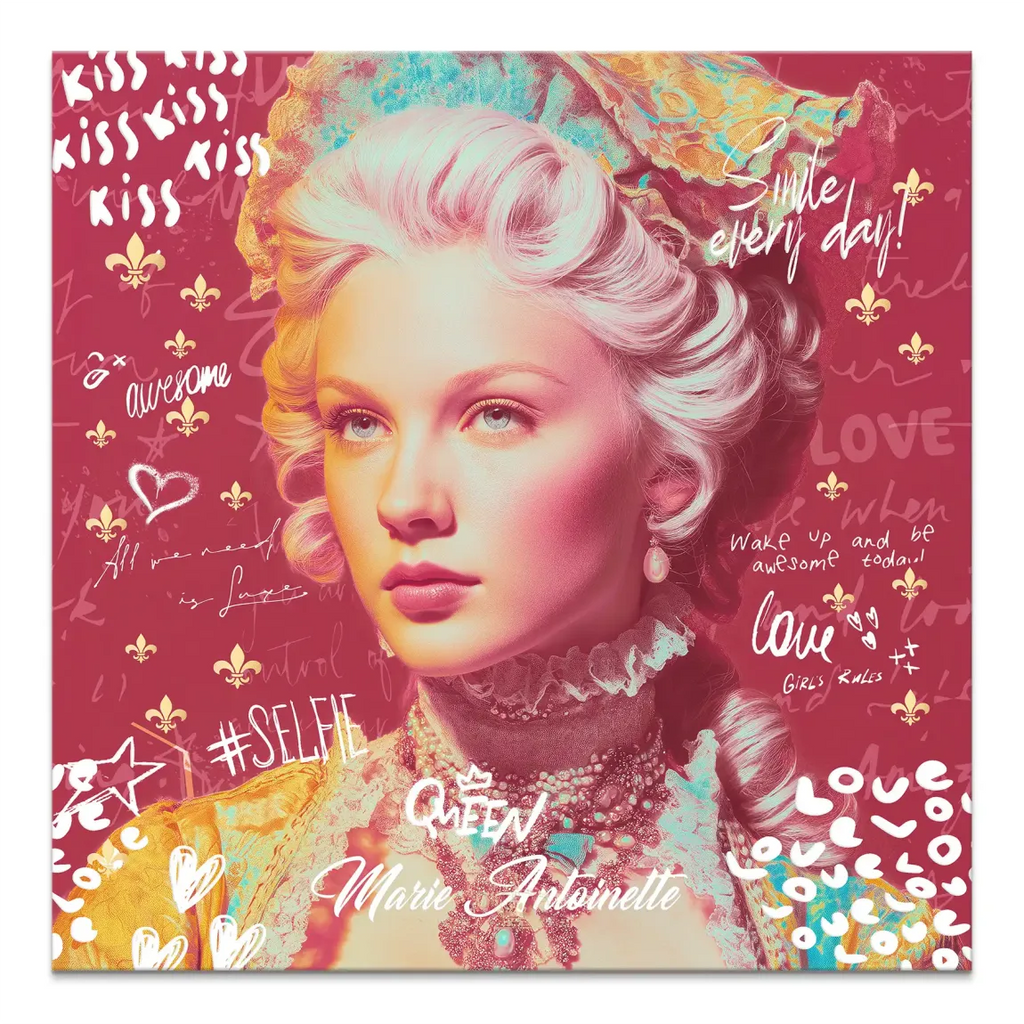 Marie Antoinette-inspired portrait on canvas with bold red Pop Art background and graffiti text