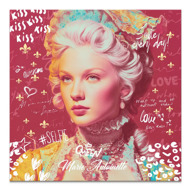 Marie Antoinette-inspired portrait on canvas with bold red Pop Art background and graffiti text