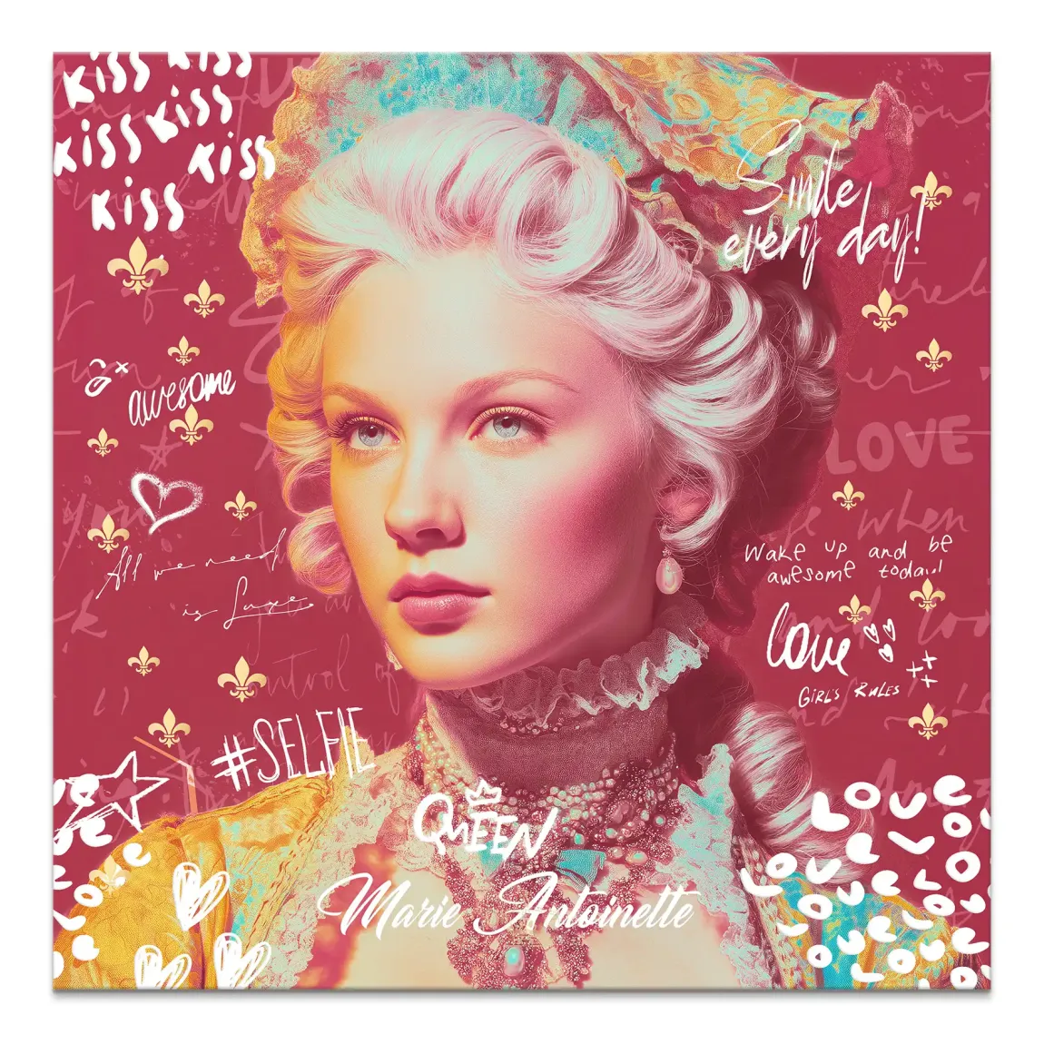 Marie Antoinette-inspired portrait on canvas with bold red Pop Art background and graffiti text