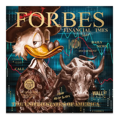 Pop art canvas featuring Scrooge McDuck next to the Wall Street Charging Bull with neon blue chart background