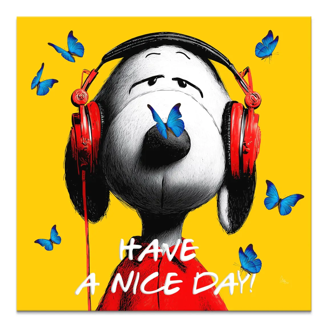 Snoopy Nice Day canvas wall art featuring Snoopy with red headphones, yellow background, blue butterflies, and white 'HAVE A NICE DAY!' text.