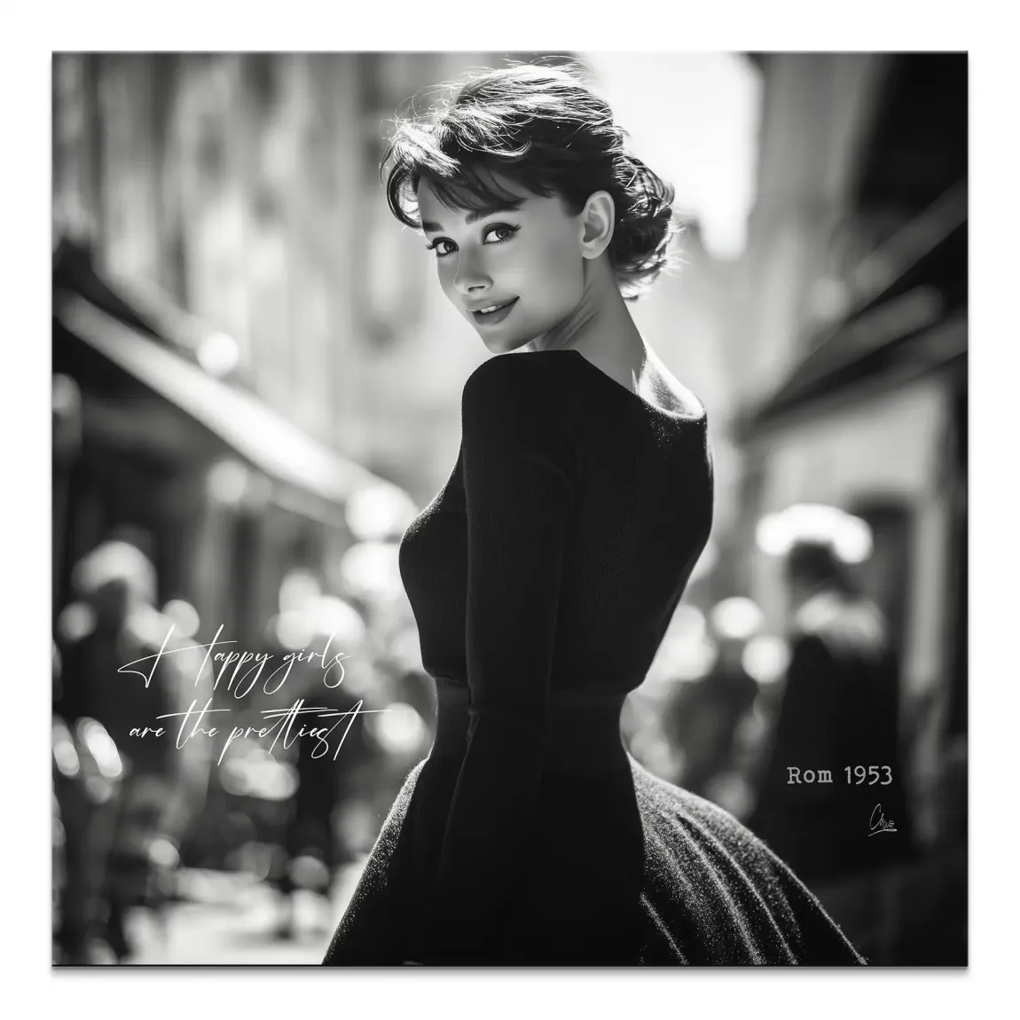 Audrey Hepburn square canvas wall art in black and white
