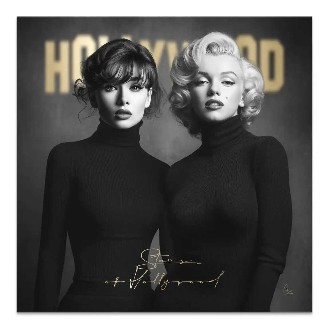Audrey Hepburn and Marilyn Monroe black-and-white portraits on a square canvas with gold accents.