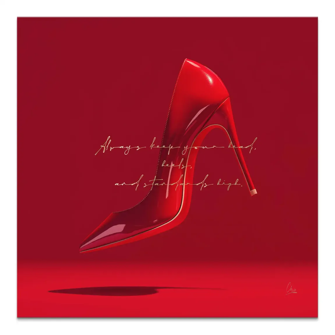 Glossy red high-heel shoe on a monochromatic red background with gold accents and an empowering gold quote.