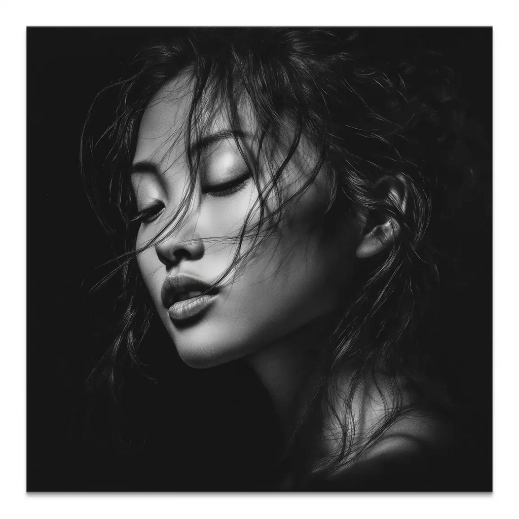Square black and white portrait canvas wall art showing an Asian woman with eyes closed and serene expression
