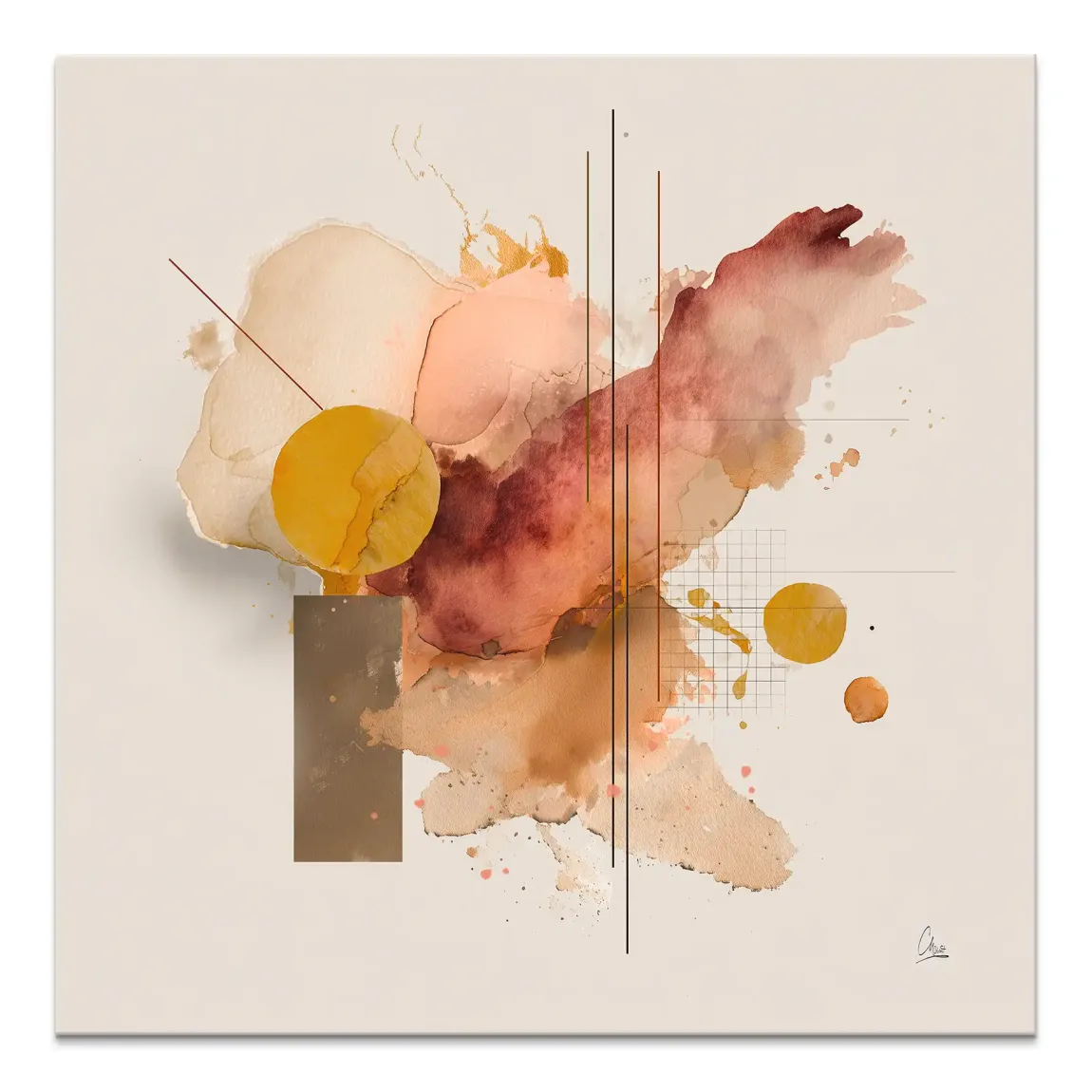 Amber Flow Canvas Picture with amber, ochre and burgundy abstract splatters and gold flecks