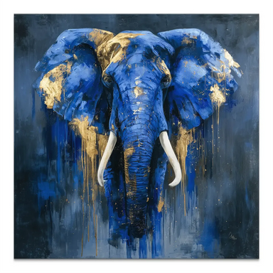 Blue elephant abstract canvas painting with gold drips on square format