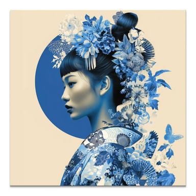Blue Lotus Geisha canvas print with serene profile portrait, blue florals and floral kimono on warm beige background