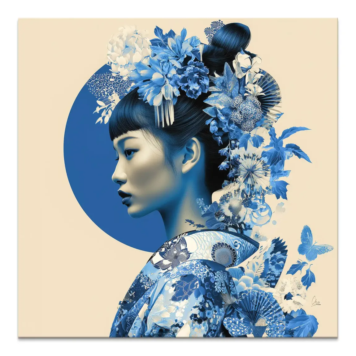 Blue Lotus Geisha canvas print with serene profile portrait, blue florals and floral kimono on warm beige background