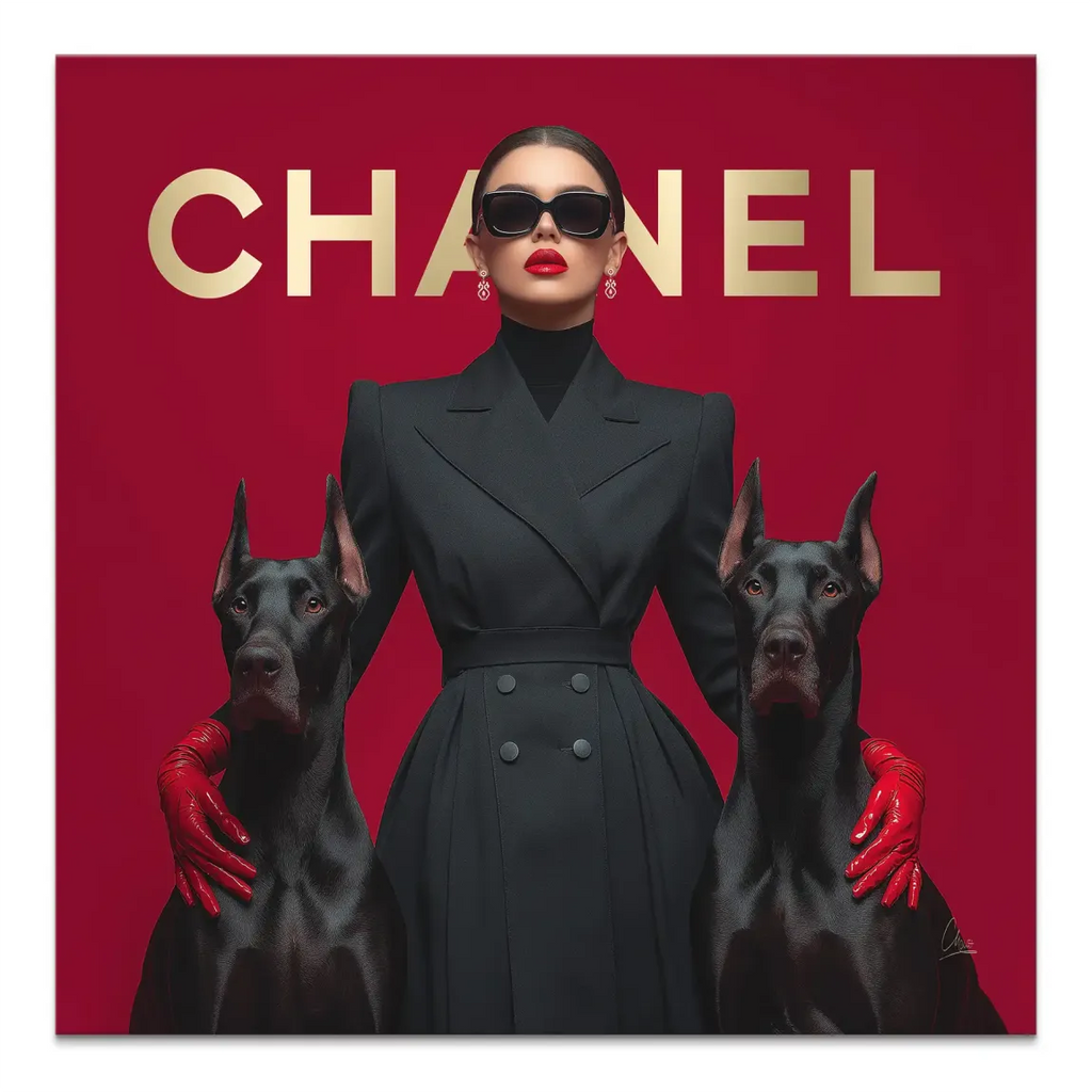 Fashion-forward woman wearing sunglasses and red gloves between two black Doberman dogs on a red background.
