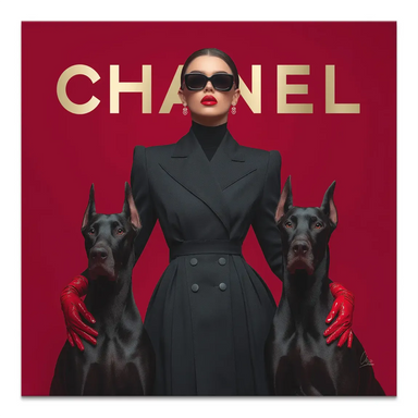Fashion-forward woman wearing sunglasses and red gloves between two black Doberman dogs on a red background.
