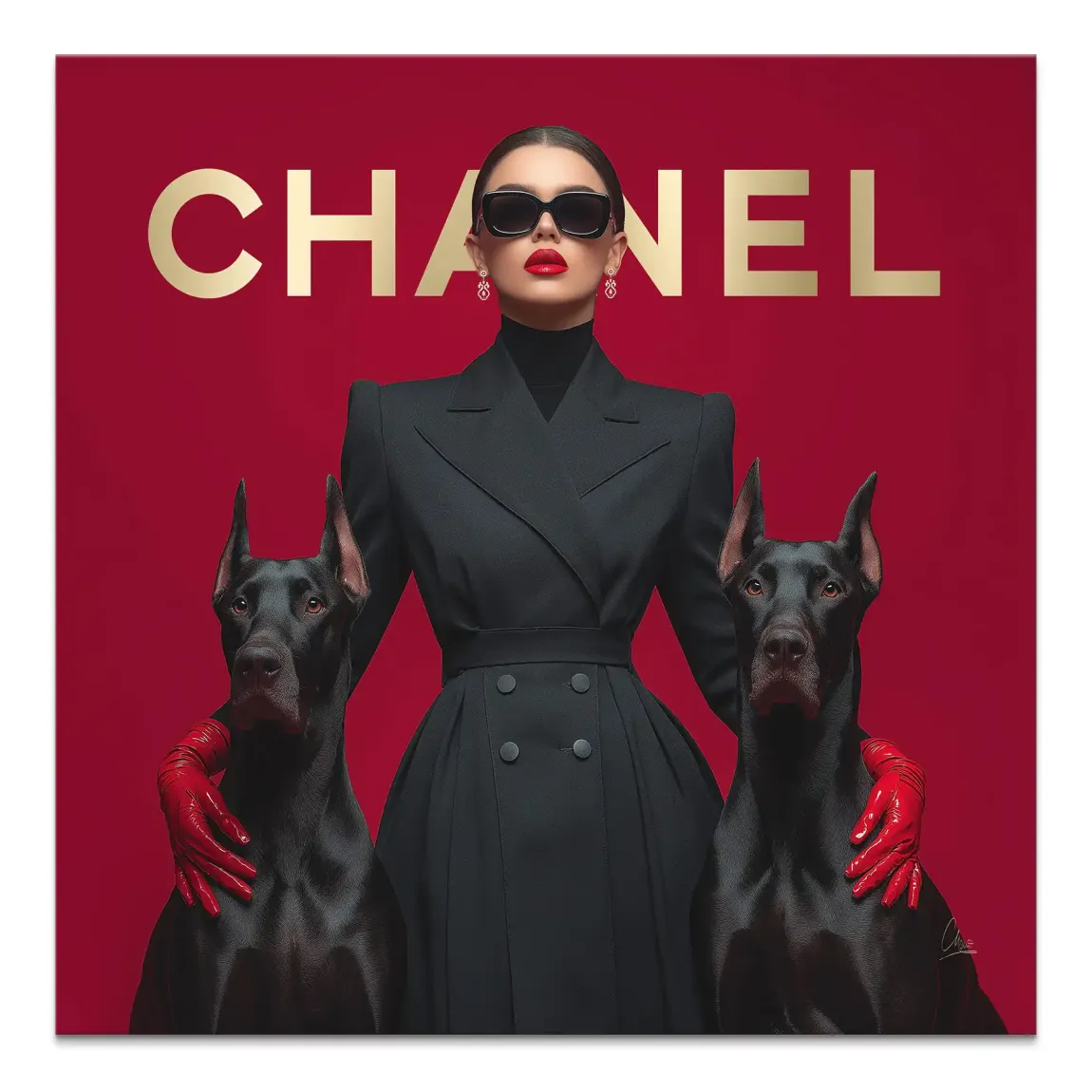 Fashion-forward woman wearing sunglasses and red gloves between two black Doberman dogs on a red background.