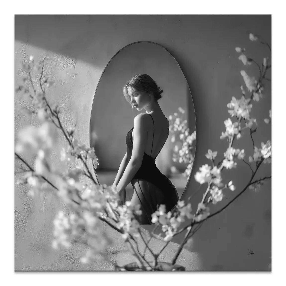 Velvet Muse canvas wall art: black-and-white portrait of a woman reflected in an oval mirror with foreground blossoms.
