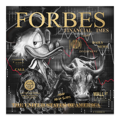Scrooge McDuck and Wall Street Bull in bold Pop Art canvas with gold lettering