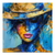 Abstract portrait of a woman wearing a wide-brimmed hat in blue and gold tones with pink lips on a square canvas.