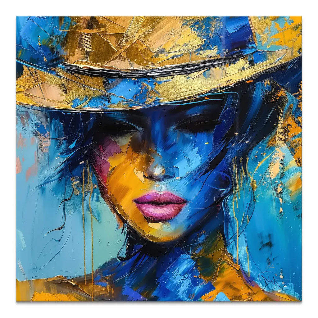 Abstract portrait of a woman wearing a wide-brimmed hat in blue and gold tones with pink lips on a square canvas.