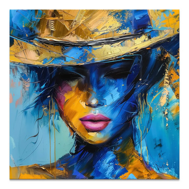Abstract portrait of a woman wearing a wide-brimmed hat in blue and gold tones with pink lips on a square canvas.